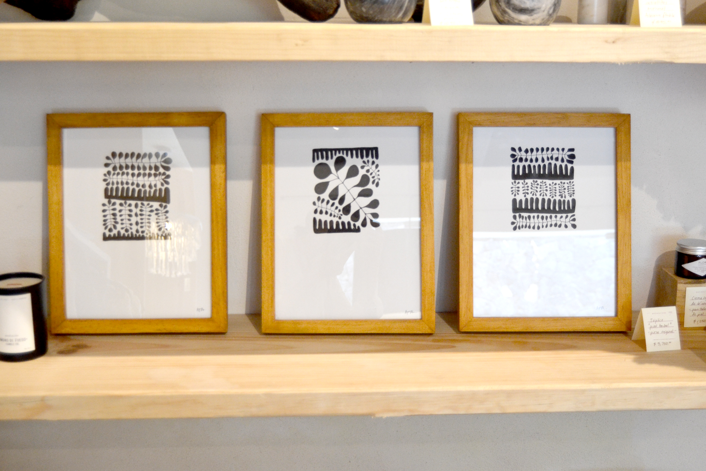 Tríptico arte botánico a mano en original - marco madera natural